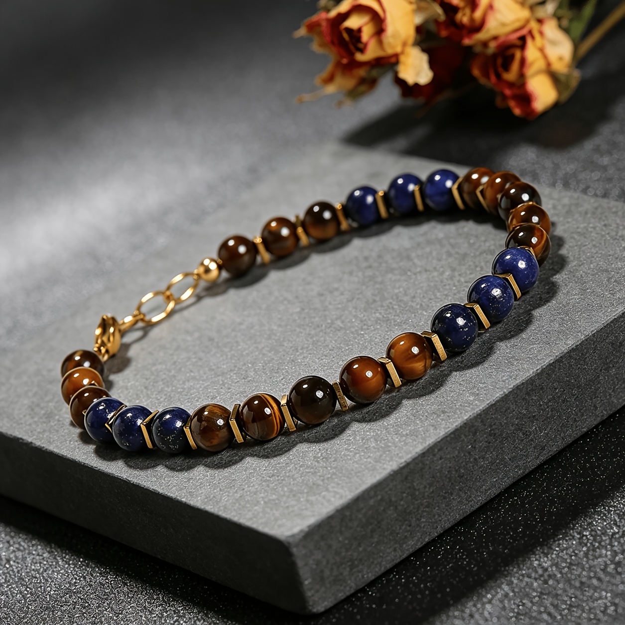Natural Tiger's Eye & Lapis Lazuli Beaded Bracelet, Unisex Adjustable